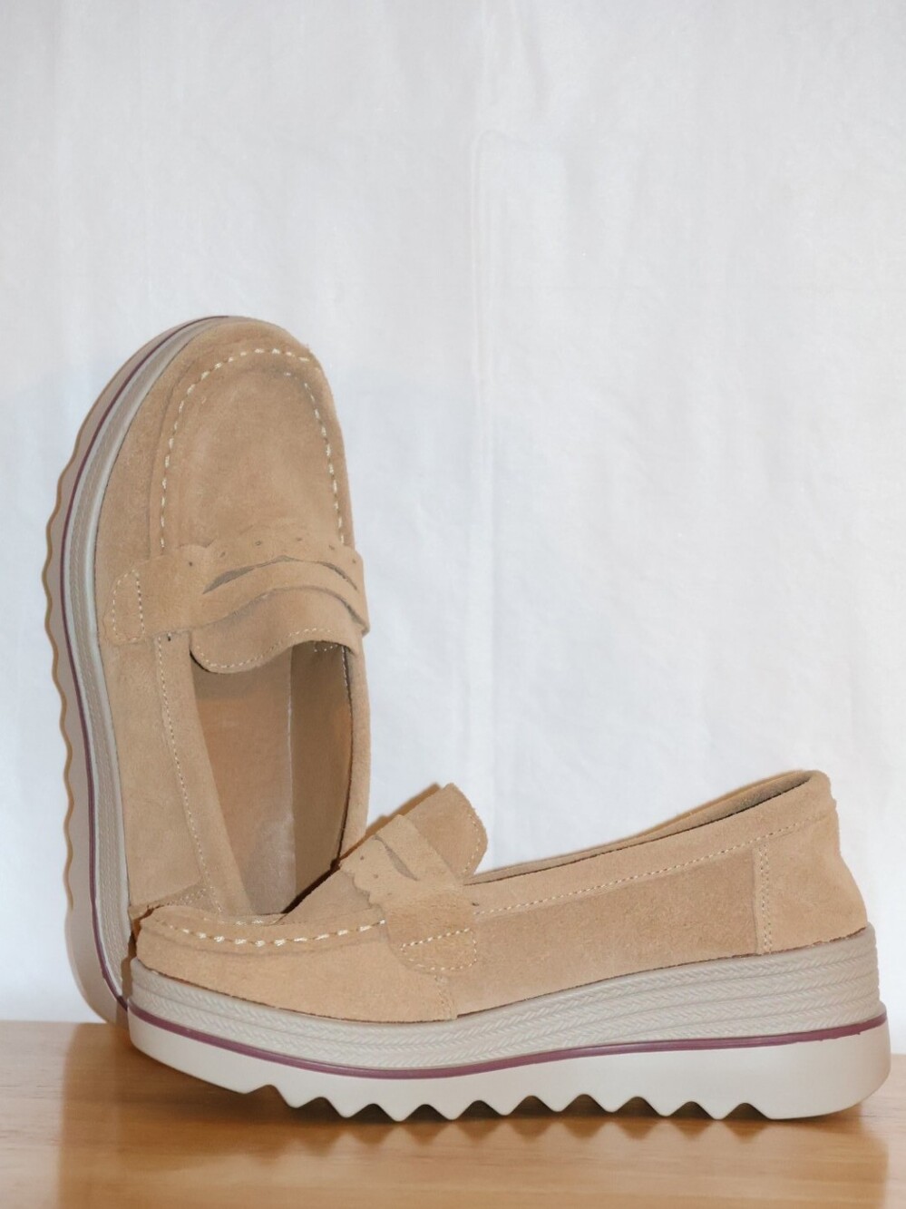 Ruiatoo Beige Slip-On Suede Platform Loafers. - Picture 11 of 14